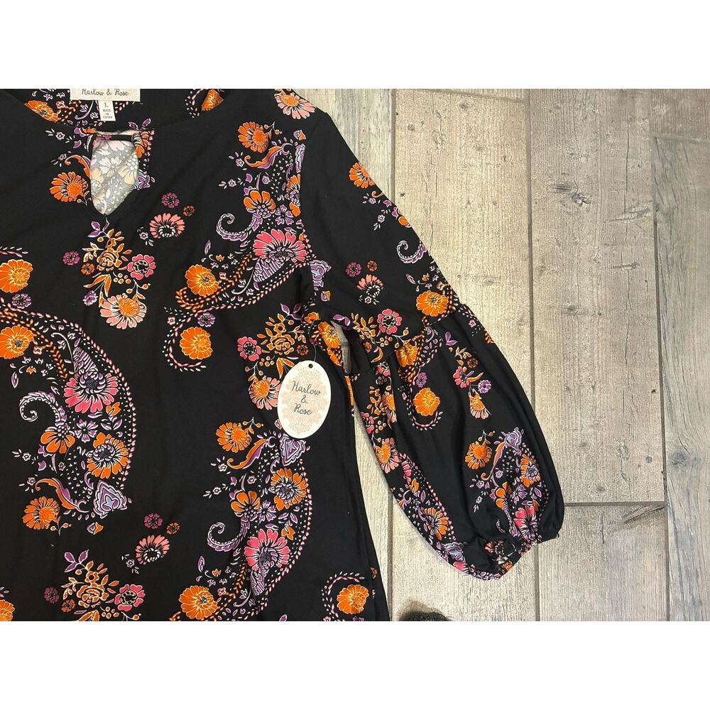 NWT Harlow & Rose Black Floral Paisley Bell Sleeves Boho Dress Size Large - Picture 4 of 10